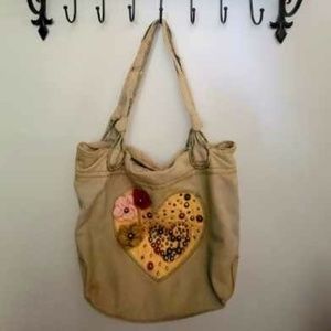 FOSSIL Long Live Vintage Canvas Heart Studded Tote Shoulder Handbag Purse GUC